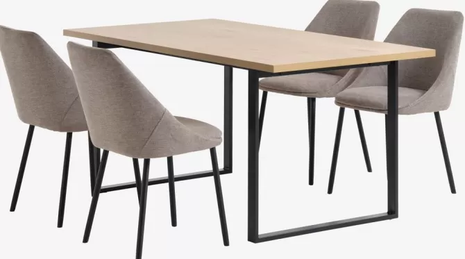 Store AABENRAA L160 bord eg + 4 VELLEV stole sand/sort Spisebordssæt