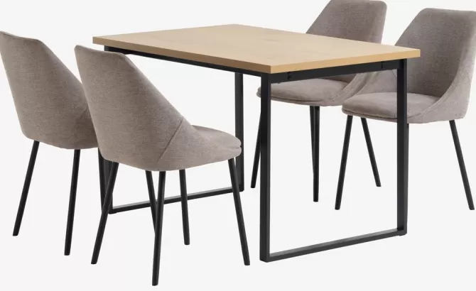 Fashion AABENRAA L120 bord eg + 4 VELLEV stole sand/sort Spisebordssæt