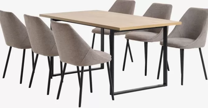 Store AABENRAA L160 bord eg + 4 VELLEV stole sand/sort Spisebordssæt