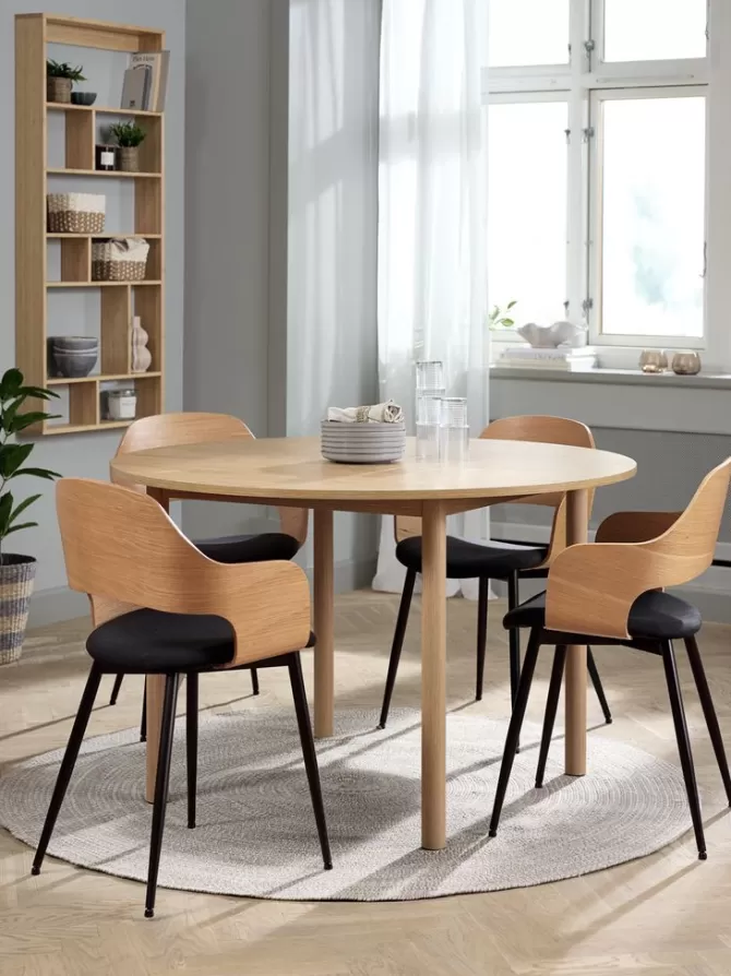 New ALSTED Ø120 bord eg + 4 HVIDOVRE stole eg/sort Spisebordssæt