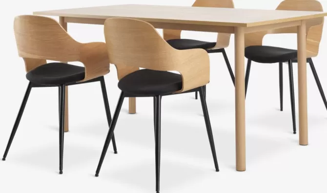Flash Sale ALSTED L160 bord eg + 4 HVIDOVRE stole eg/sort Spisebordssæt