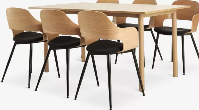 Flash Sale ALSTED L160 bord eg + 4 HVIDOVRE stole eg/sort Spisebordssæt