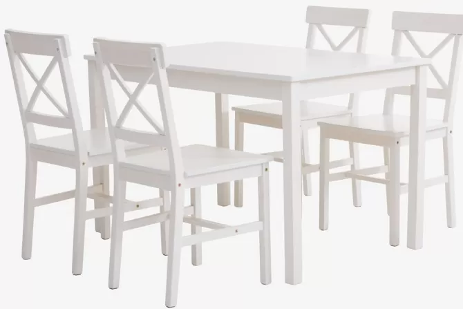 Store L118 bord hvid + 4 stole hvid Spisebordssæt