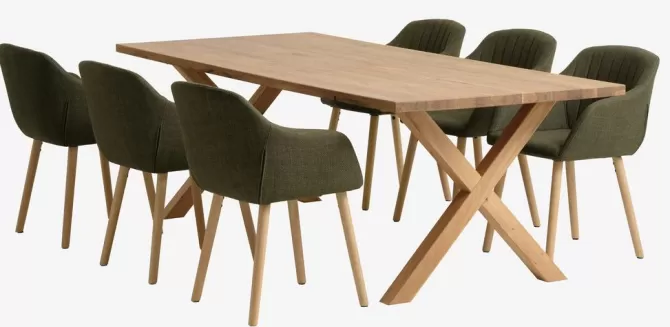 Clearance GRIBSKOV L230 bord eg + 4 ADSLEV stole olivengrøn Spisebordssæt