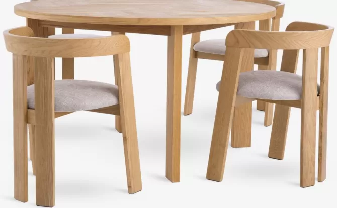 Discount HARESKOV Ø129 bord eg + 4 BOVRUP stole eg/beige Spisebordssæt