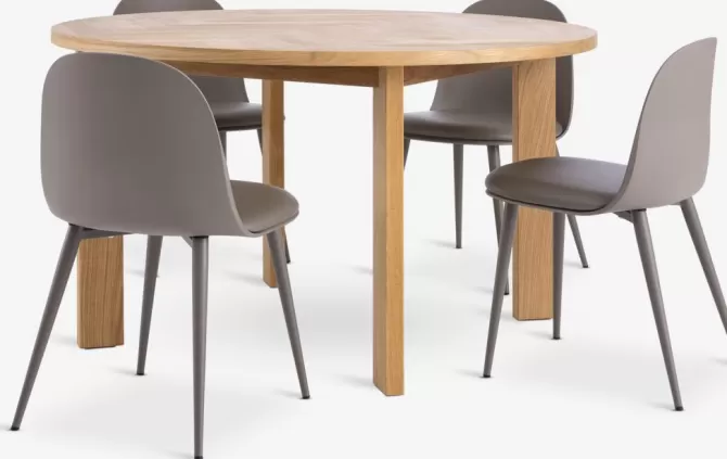 Discount HARESKOV Ø129 bord eg + 4 ULDAL stole brun Spisebordssæt