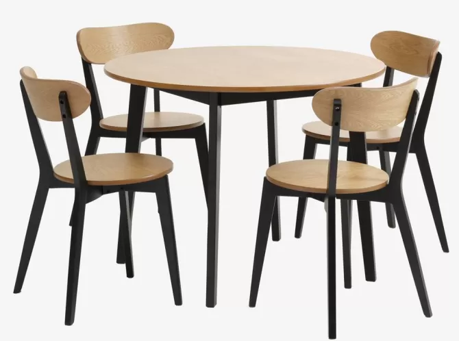 Store Ø105 bord eg + 4 stole eg/sort Spisebordssæt