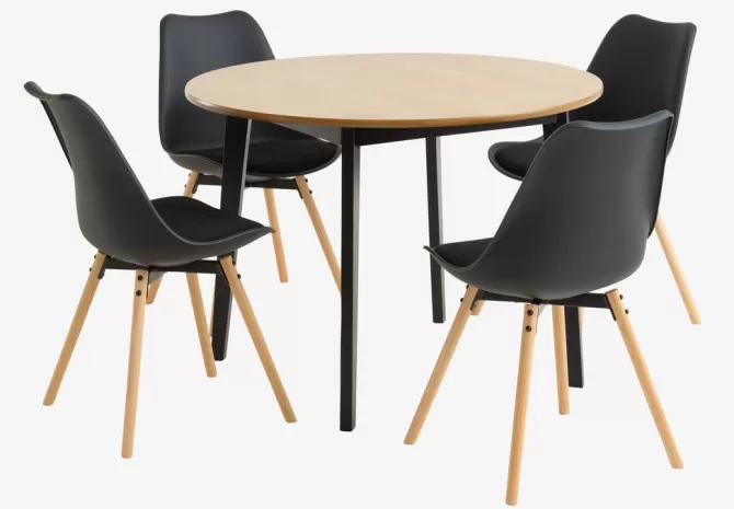 Clearance JEGIND Ø105 bord eg + 4 KASTRUP stole sort Spisebordssæt