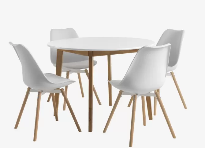 Shop JEGIND Ø105 bord hvid + 4 KASTRUP stole hvid Spisebordssæt