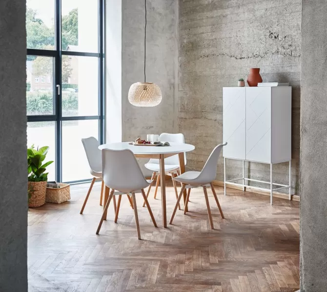 Shop JEGIND Ø105 bord hvid + 4 KASTRUP stole hvid Spisebordssæt