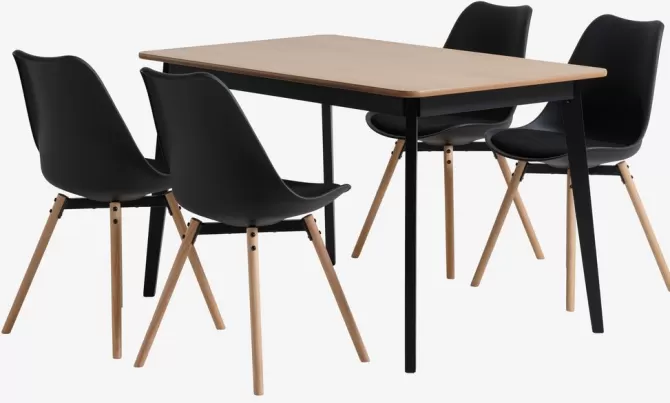 Outlet JEGIND L130 bord eg + 4 KASTRUP stole sort Spisebordssæt