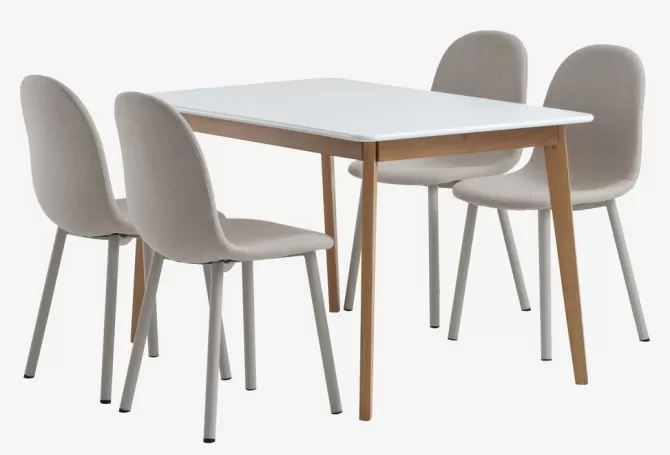 Sale JEGIND L130 bord hvid + 4 EJSTRUP stole beige Spisebordssæt
