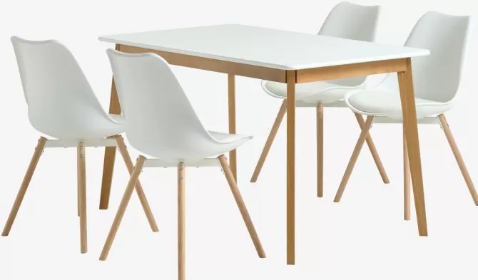 New JEGIND L130 bord hvid + 4 KASTRUP stole hvid Spisebordssæt