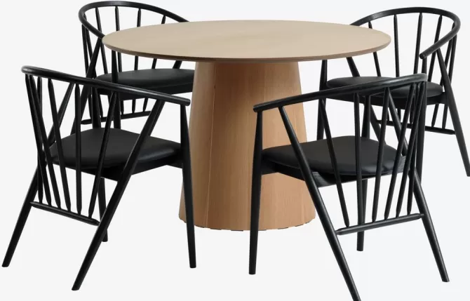 Store KLIPLEV Ø120 bord eg + 4 ARNBORG stole sort Spisebordssæt