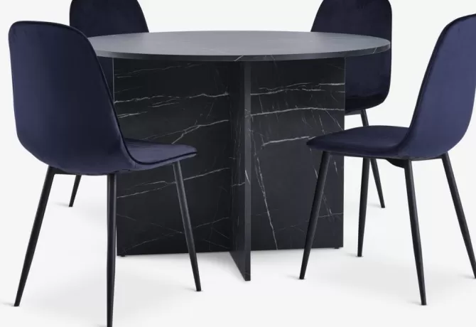 Fashion KRONDAL Ø110 bord marmor + 4 BISTRUP mørkeblå velour Spisebordssæt