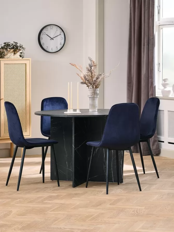 Fashion KRONDAL Ø110 bord marmor + 4 BISTRUP mørkeblå velour Spisebordssæt