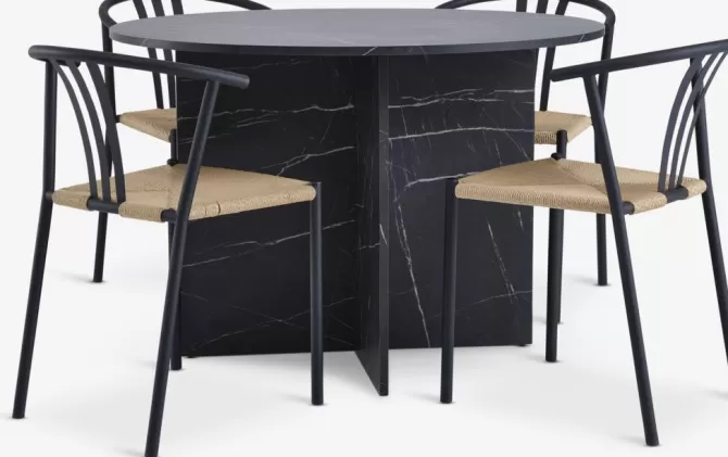 Outlet KRONDAL Ø110 bord marmor + 4 JYDERUP sort/natur Spisebordssæt