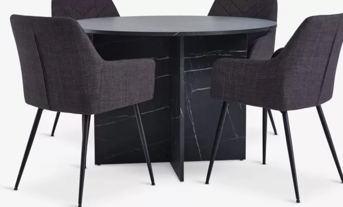 Best Sale KRONDAL Ø110 bord marmor + 4 PURHUS stole grå/sort Spisebordssæt