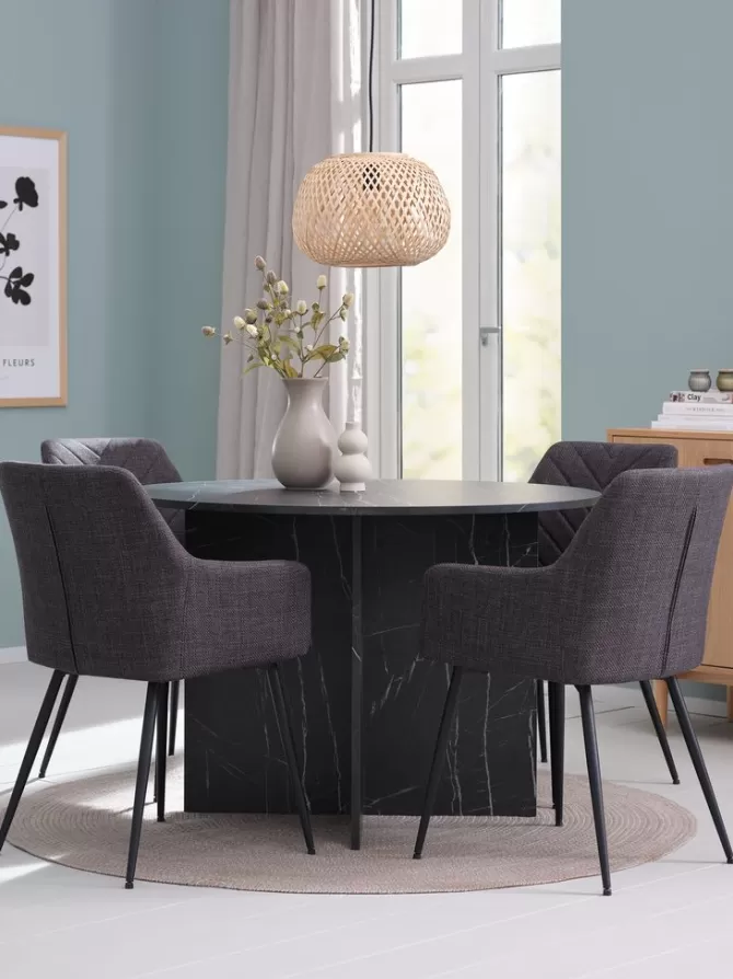 Best Sale KRONDAL Ø110 bord marmor + 4 PURHUS stole grå/sort Spisebordssæt