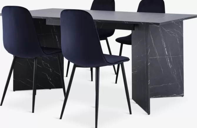 New KRONDAL L180 bord marmor + 4 BISTRUP mørkeblå velour Spisebordssæt