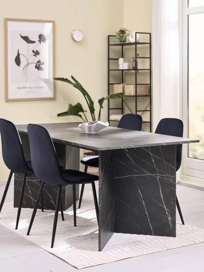 New KRONDAL L180 bord marmor + 4 BISTRUP mørkeblå velour Spisebordssæt