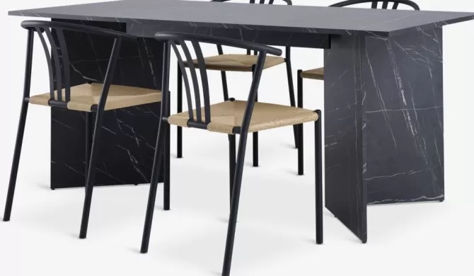Hot KRONDAL L180 bord marmor + 4 JYDERUP sort/natur Spisebordssæt