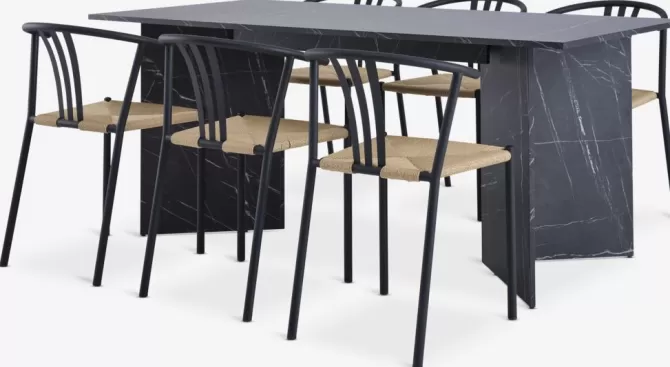 Hot KRONDAL L180 bord marmor + 4 JYDERUP sort/natur Spisebordssæt
