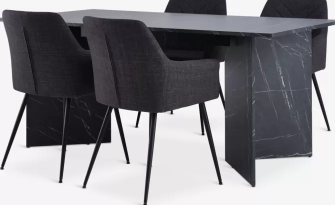 Fashion KRONDAL L180 bord marmor + 4 PURHUS stole grå/sort Spisebordssæt