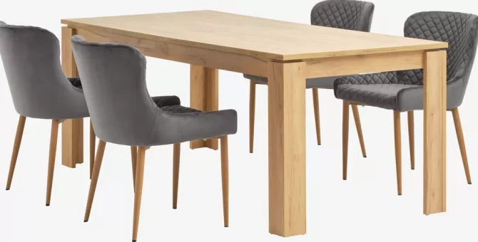 Sale LINTRUP L190/280 bord eg + 4 PEBRINGE grå velour Spisebordssæt