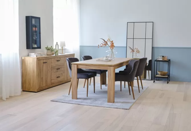 Sale LINTRUP L190/280 bord eg + 4 PEBRINGE grå velour Spisebordssæt