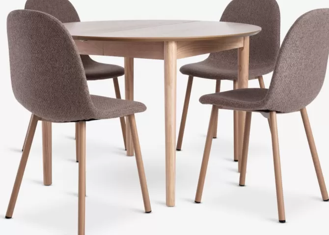 Outlet MARSTRAND Ø110 bord eg + 4 EJSTRUP stole mørk sand/eg Spisebordssæt