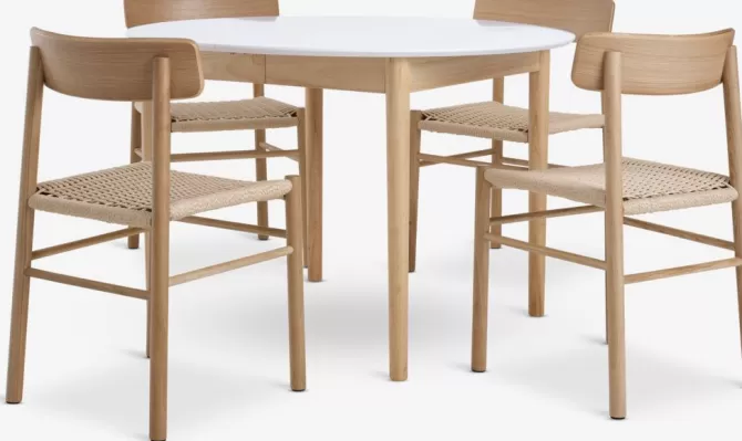 Sale MARSTRAND Ø110 bord hvid + 4 ISLEV u/armlæn eg Spisebordssæt