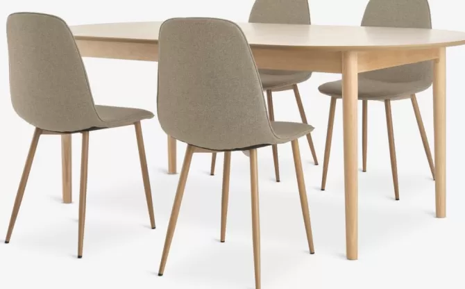 Store MARSTRAND L200 bord eg + 4 BISTRUP stole sand Spisebordssæt