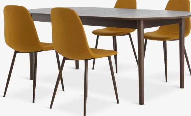 Store MARSTRAND L200 bord mørk eg + 4 JONSTRUP stole karry Spisebordssæt