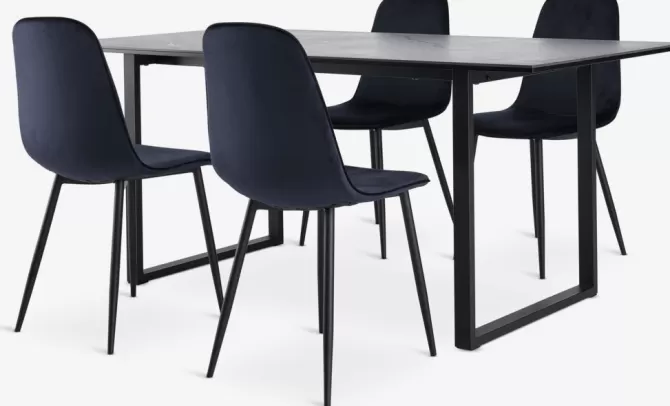 Outlet MOSELUND bord L180 keramik + 4 BISTRUP stole mørkeblå velour Spisebordssæt