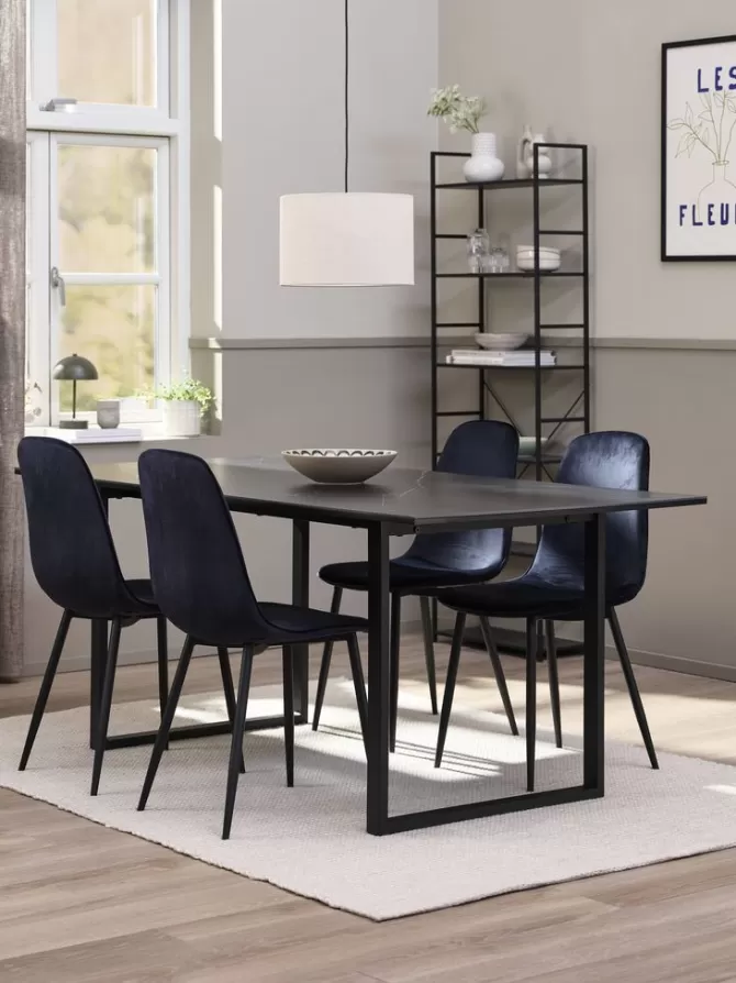 Outlet MOSELUND bord L180 keramik + 4 BISTRUP stole mørkeblå velour Spisebordssæt