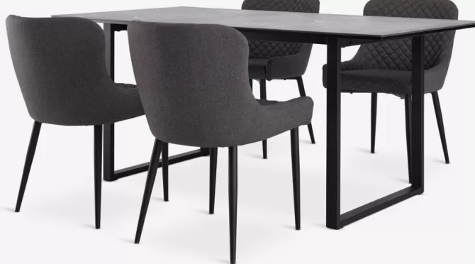 Store MOSELUND L180 bord keramik + 4 PEBRINGE grå/sort Spisebordssæt