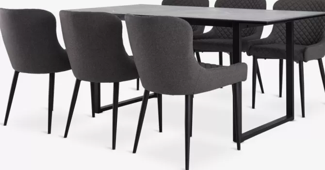 Store MOSELUND L180 bord keramik + 4 PEBRINGE grå/sort Spisebordssæt