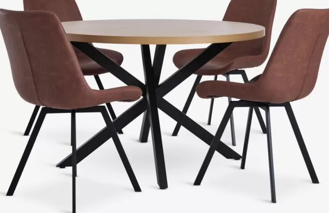 Online NORTOFT Ø120 bord eg + 4 HYGUM stole cognac/sort Spisebordssæt