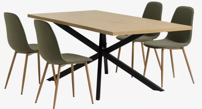 Store NORTOFT L200 bord eg + 4 BISTRUP stole olivengrøn Spisebordssæt