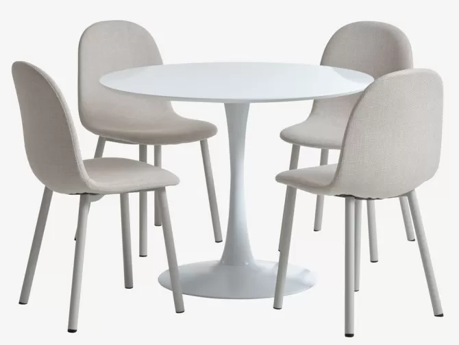 Discount RINGSTED Ø100 bord hvid + 4 EJSTRUP stole beige Spisebordssæt
