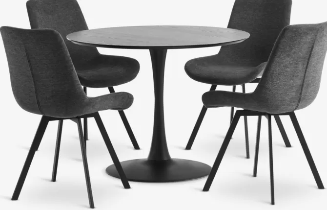 Clearance RINGSTED Ø100 bord sort + 4 HYGUM stole grå Spisebordssæt
