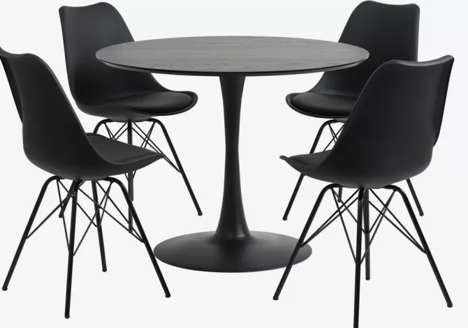 Best Sale RINGSTED Ø100 bord sort + 4 KLARUP stole sort Spisebordssæt