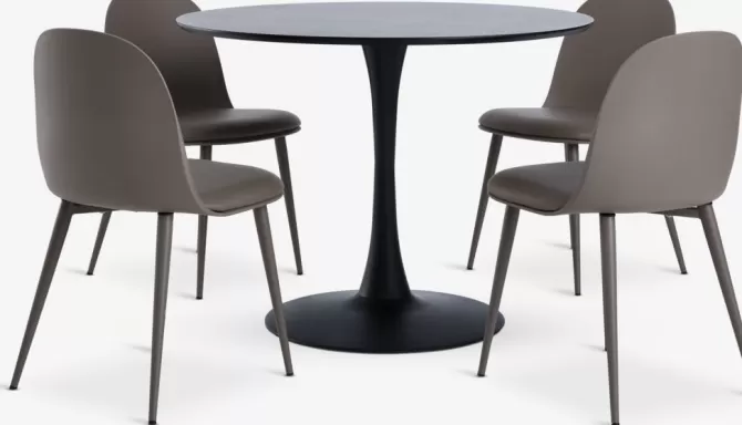 Sale RINGSTED Ø100 bord sort + 4 ULDAL stole brun Spisebordssæt