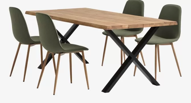 Outlet ROSLEV L200 bord eg natur + 4 BISTRUP stole olivengrøn Spisebordssæt