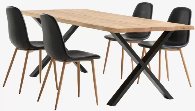 Sale ROSLEV L200 bord eg natur + 4 JONSTRUP stole sort/eg Spisebordssæt