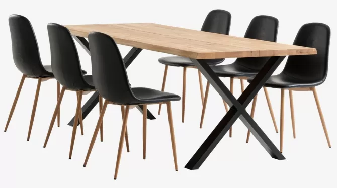 Sale ROSLEV L200 bord eg natur + 4 JONSTRUP stole sort/eg Spisebordssæt