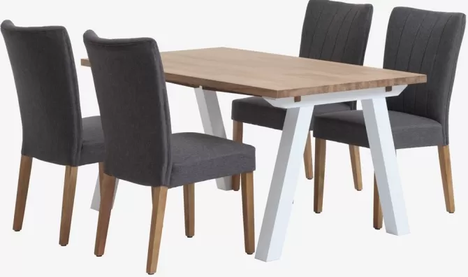 Store SKAGEN L150 bord eg + 4 NORDRUP stole grå Spisebordssæt