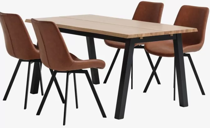 Clearance SKOVLUNDE L160 bord eg natur + 4 HYGUM stole cognac Spisebordssæt