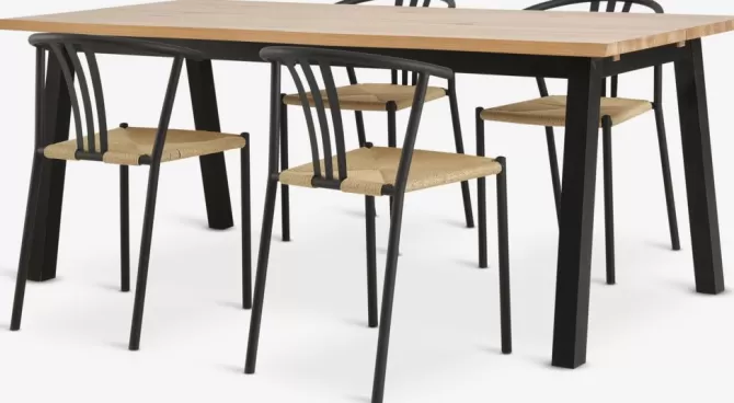 Outlet SKOVLUNDE L200 bord eg natur + 4 JYDERUP sort/natur Spisebordssæt